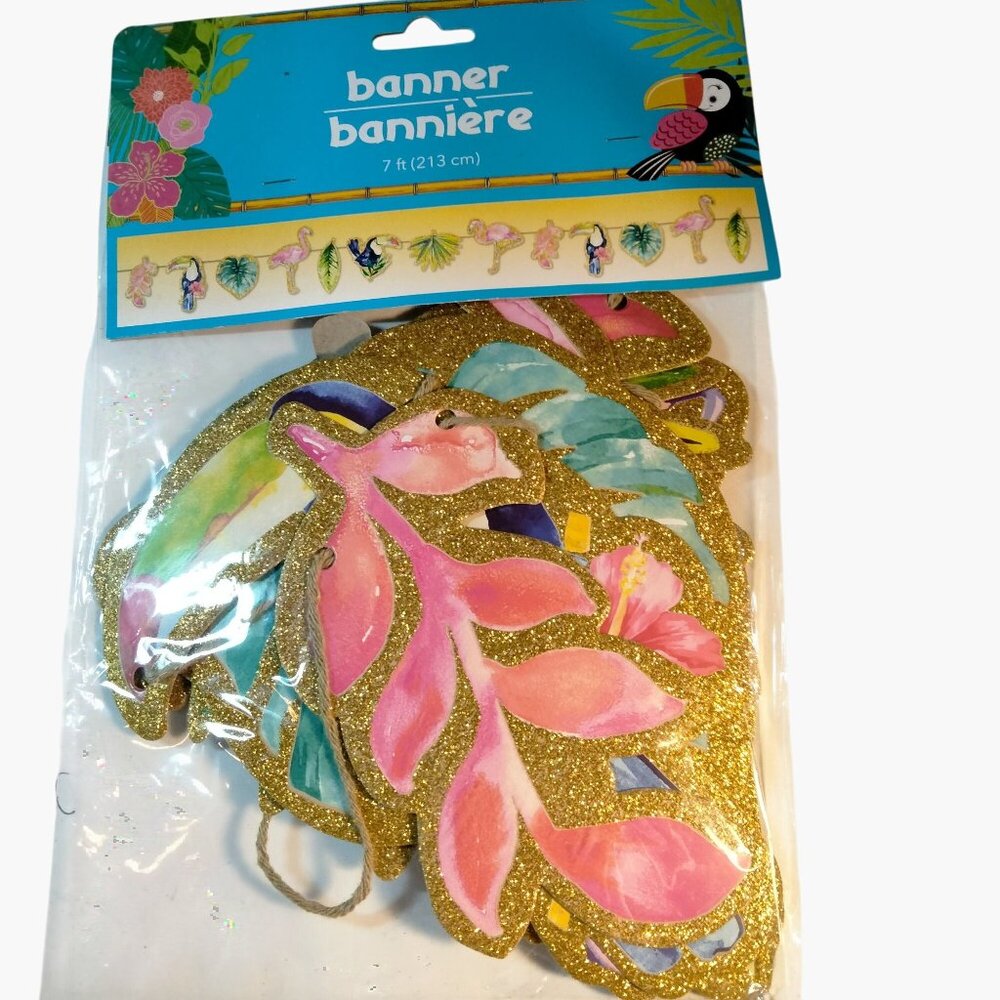 Tropical Flamingo Toucan Banner 7 Ft Glitter Gold Pink Blue